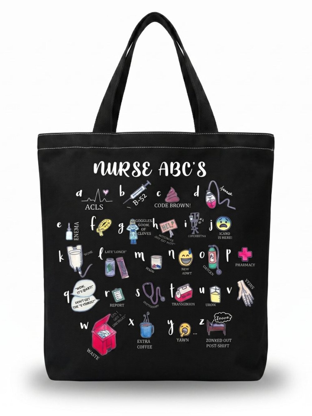 NIP Nurse ABCs Medical Alphabet Humor Graphic Canvas Shoulder Tote Bag 13"x16"